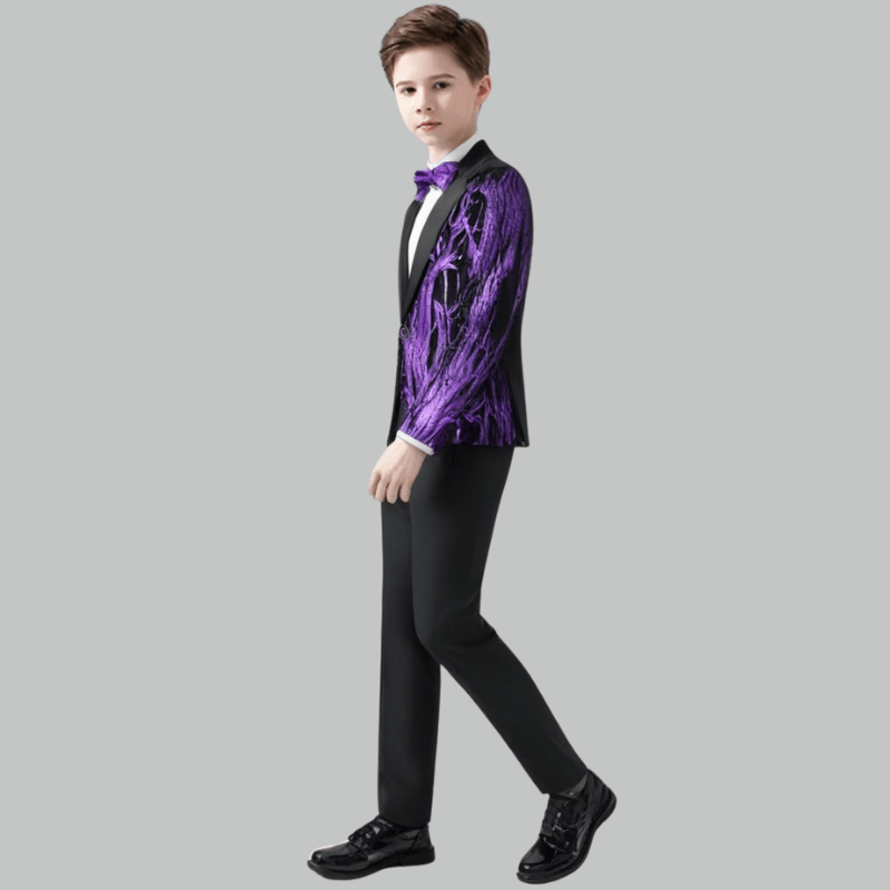 Boy's 2-Piece Purple Sequin Branches Black Suit Tuxedo