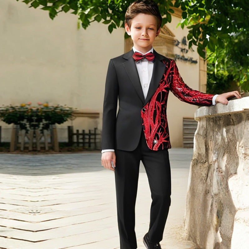 Boy's 2-Piece Red Sequin Branches Black Suit Tuxedo