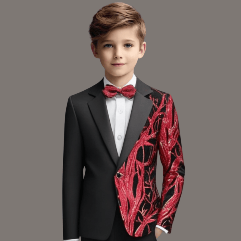 Boy's 2-Piece Red Sequin Branches Black Suit Tuxedo