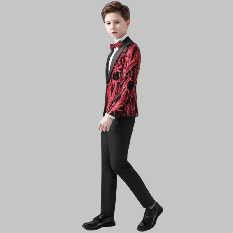 Boy's 2-Piece Red Sequin Branches Black Suit Tuxedo