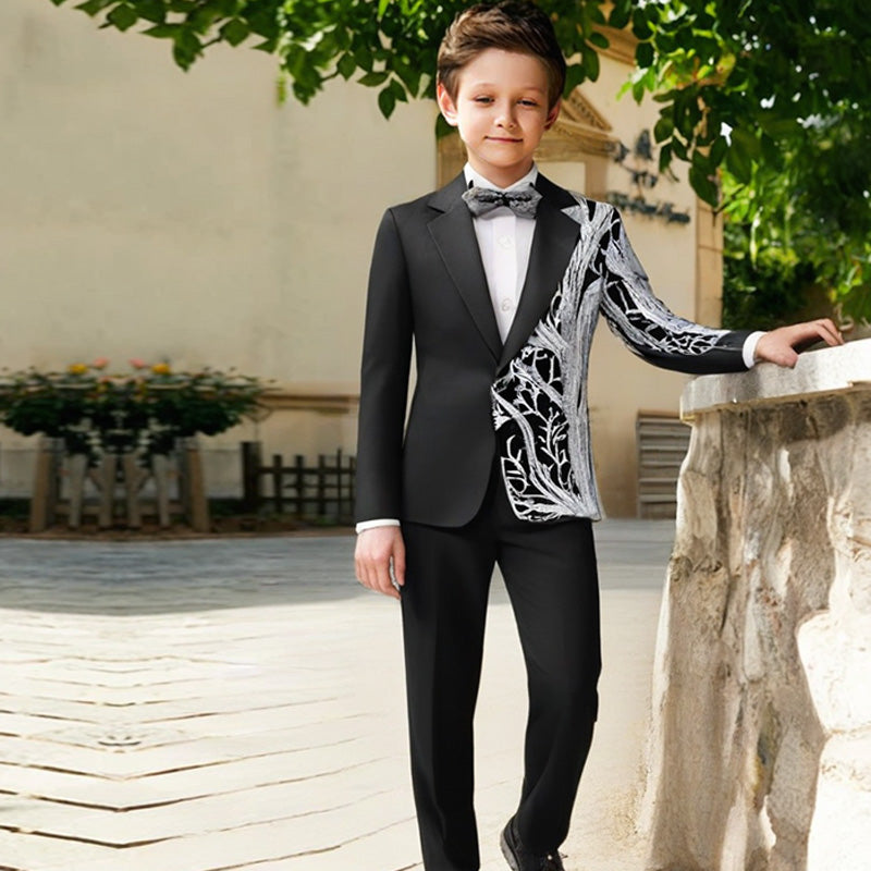 Boy's 2-Piece Silver Sequin Branches Black Suit Tuxedo