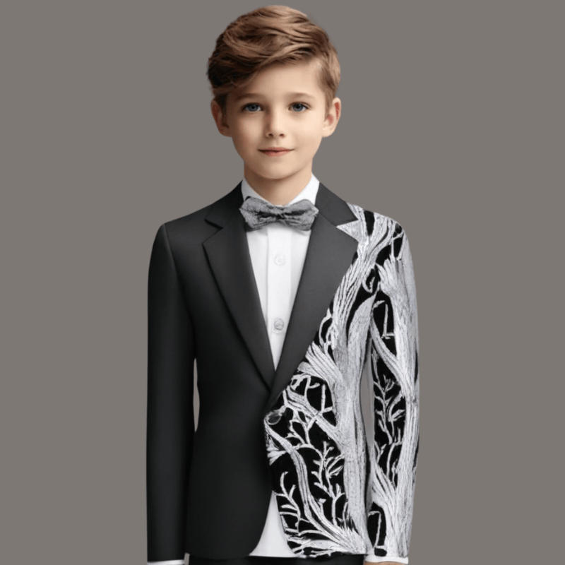Boy's 2-Piece Silver Sequin Branches Black Suit Tuxedo