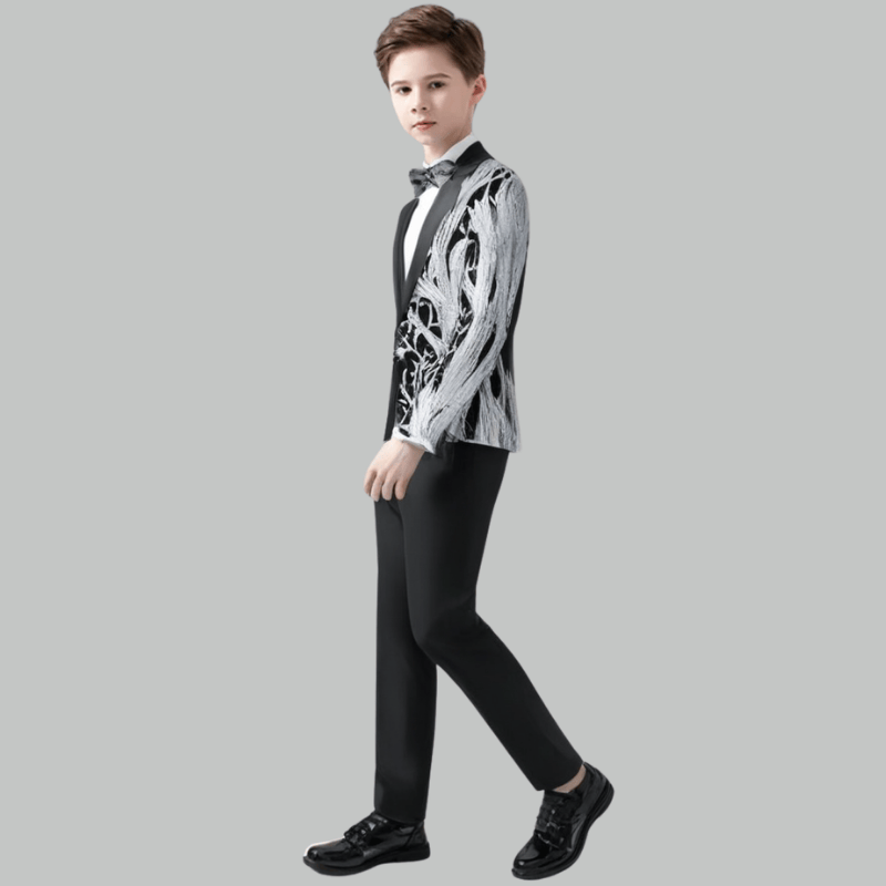 Boy's 2-Piece Silver Sequin Branches Black Suit Tuxedo
