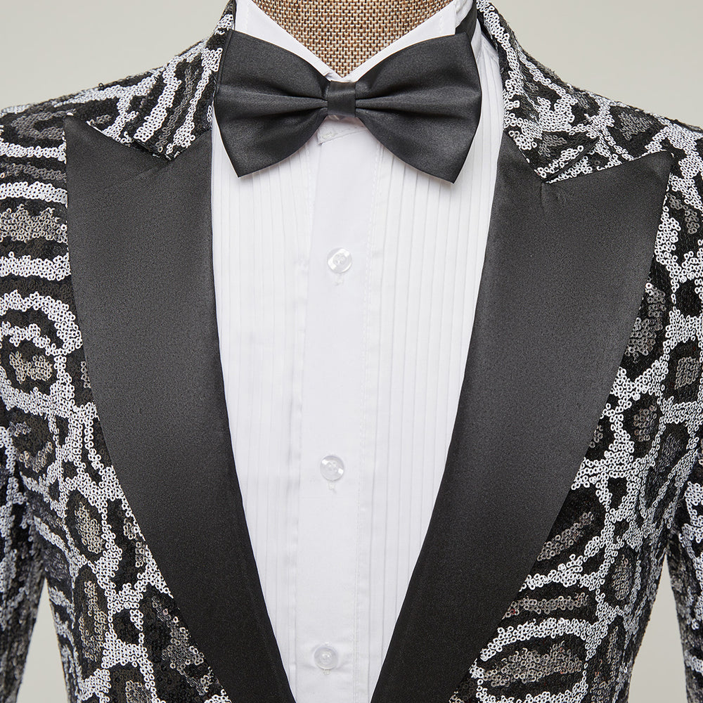 Men's Sequin Leopard Pattern Black and Silver Tuxedo