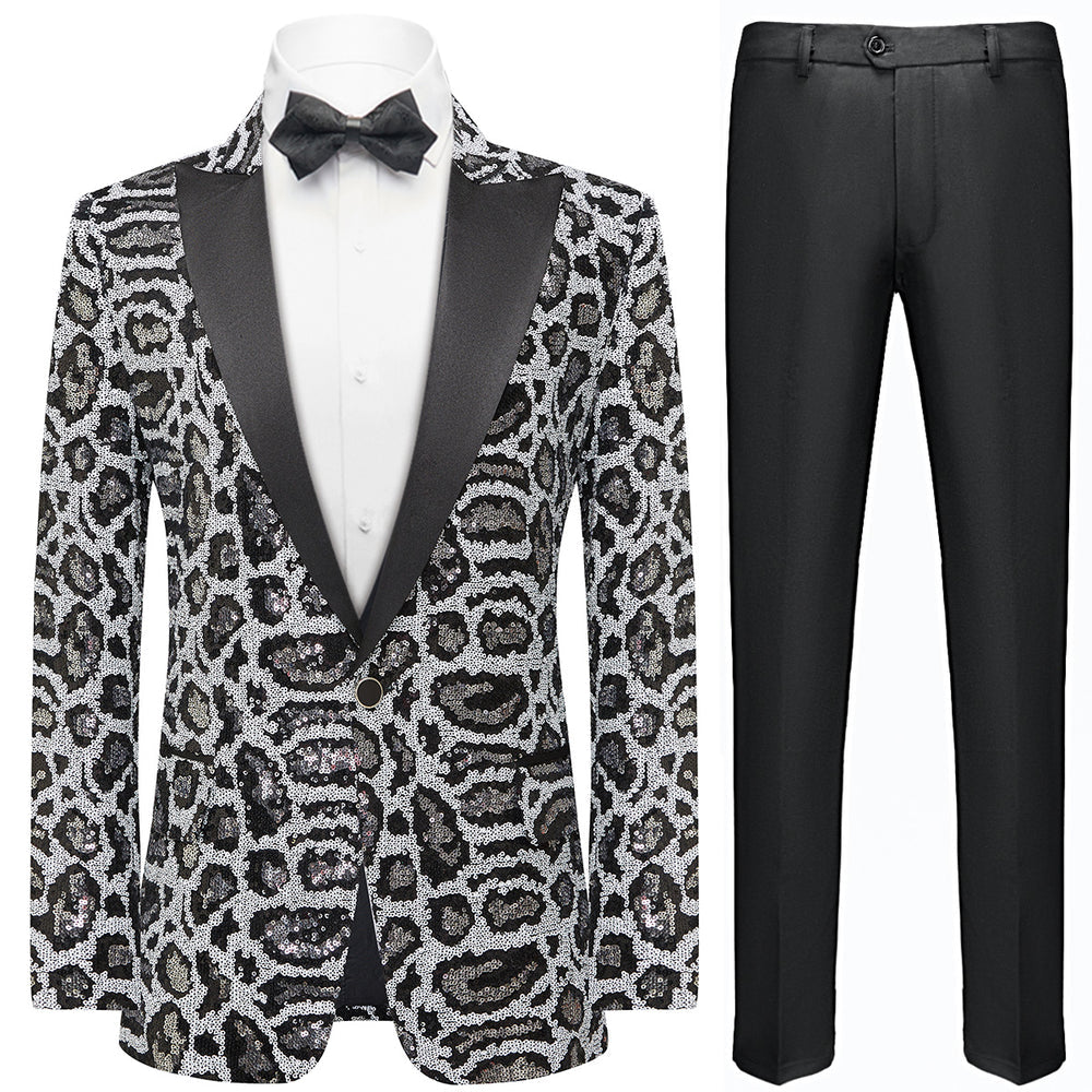 Men's Sequin Leopard Pattern Black and Silver Tuxedo
