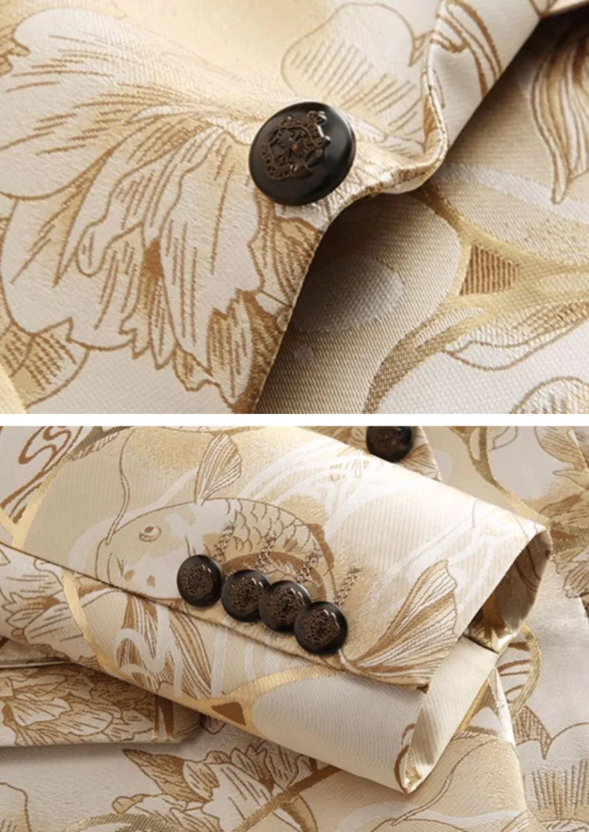Men's Slim-Fit Floral Jacquard with Gold Accents Champagne Blazer