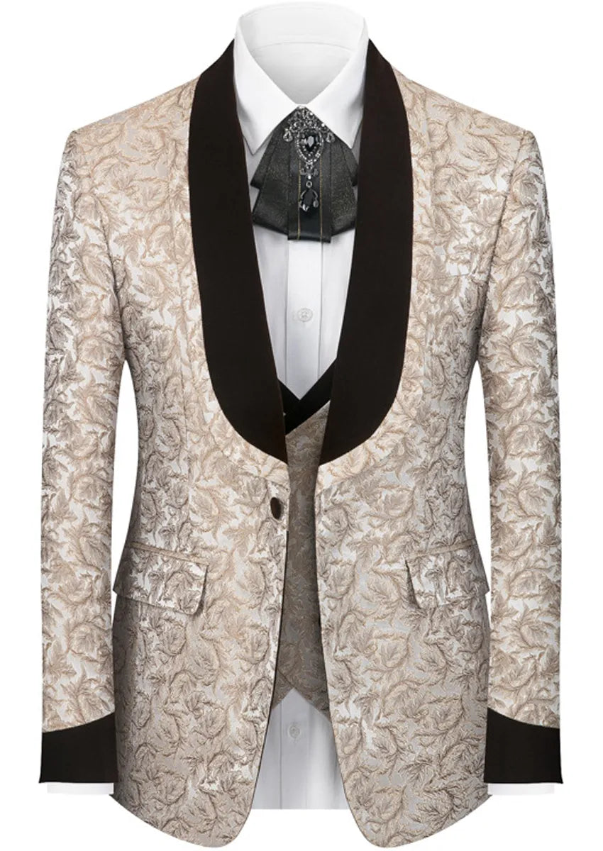 Men's 3-Piece Shawl Collar Leaf Jacquard Beige Tuxedo