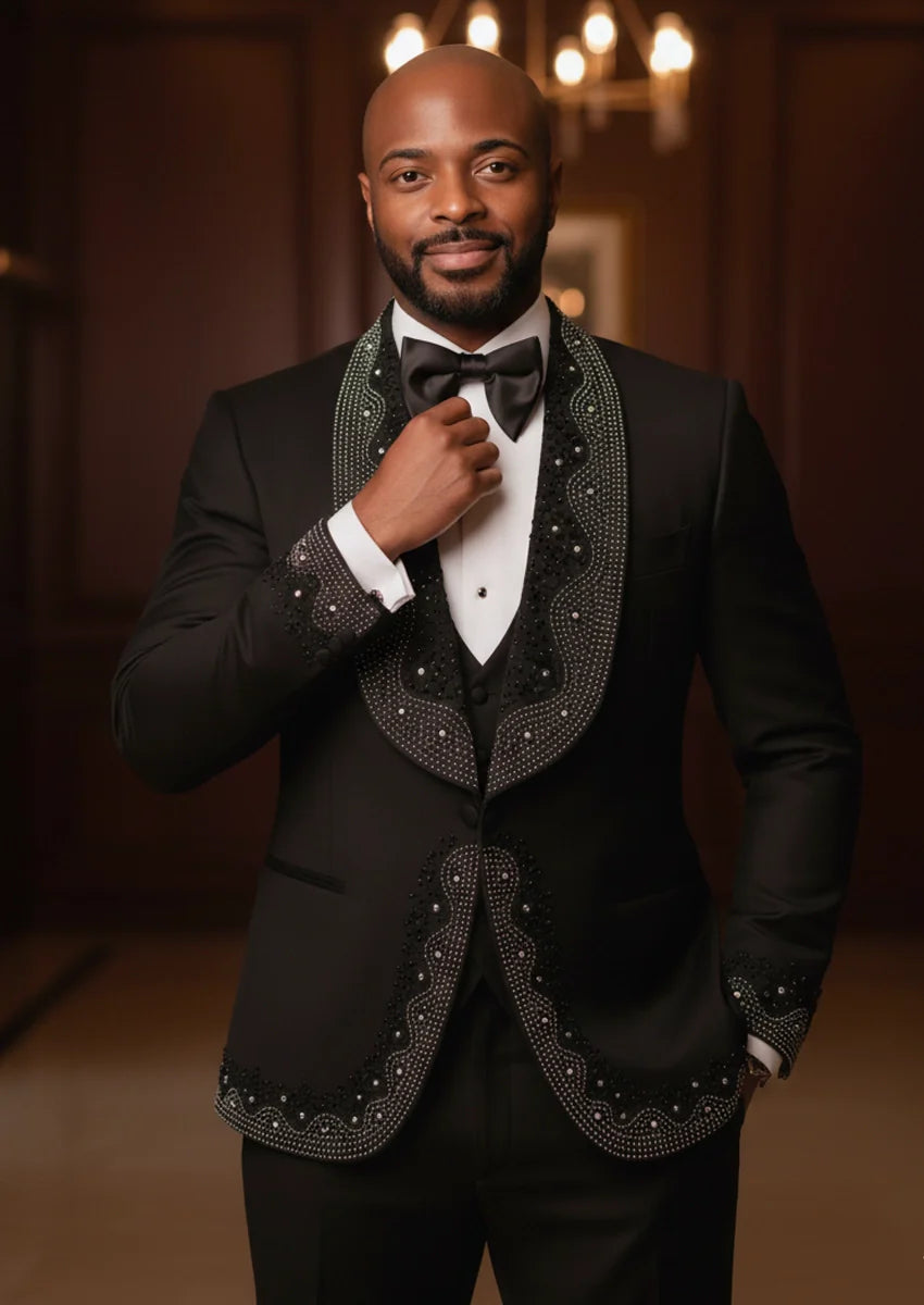Men's Rhinestone Embellishments 3-Piece Wedding Black Tuxedo