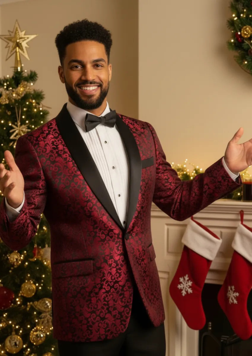 Men's 2-Piece Jacquard Embroidery Burgundy Tuxedo