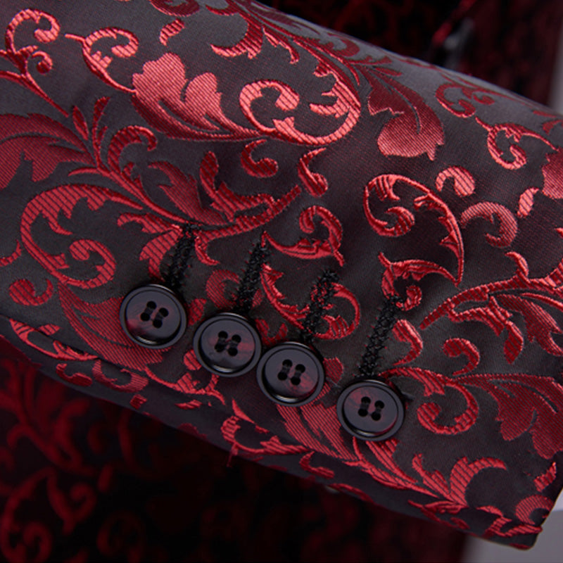 Men's 2-Piece Jacquard Embroidery Burgundy Blazer