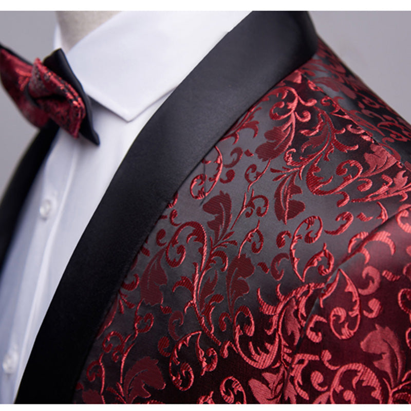 Men's 2-Piece Jacquard Embroidery Burgundy Tuxedo