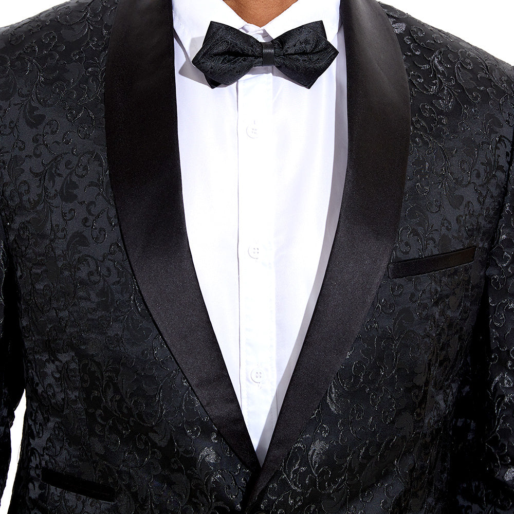 Men's 2-Piece Jacquard Embroidery Paisley Black Suit