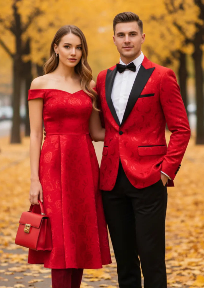 Men's 2-Piece Rose Jacquard Red Wedding Tuxedo for Groom
