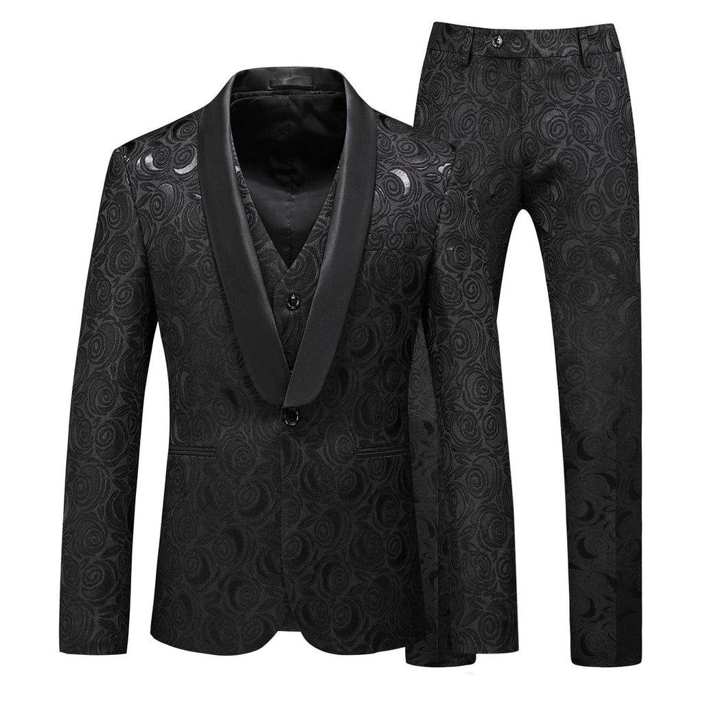 Men's 3-Piece Black Rose Embroidery Shawl Lapel Wedding Tuxedo