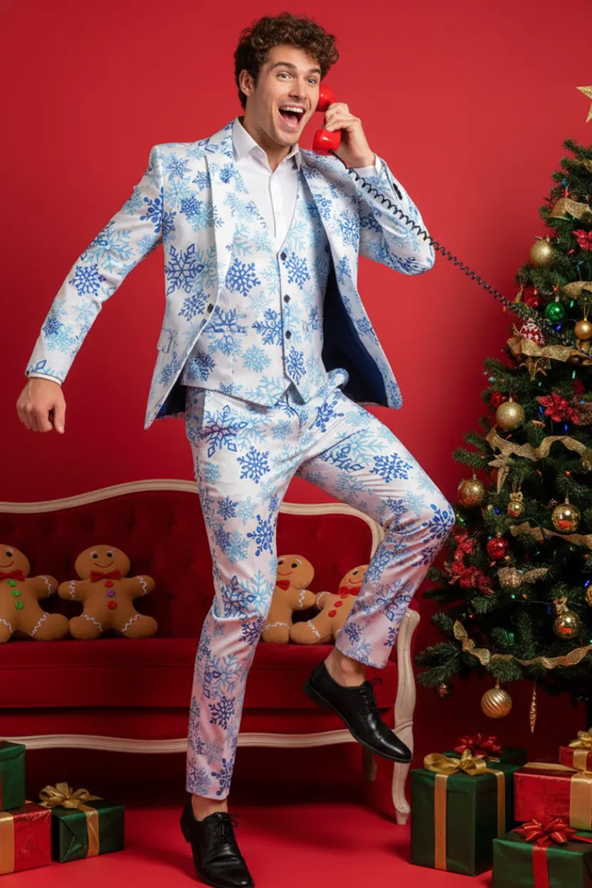 Men's 3-Piece Christmas Snowflake Printed White Suit