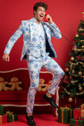 Men's 3-Piece Christmas Snowflake Printed White Suit