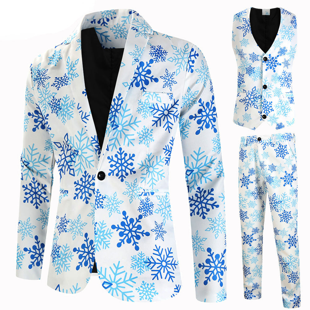 Men's 3-Piece Christmas Snowflake Printed White Suit