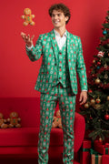 Men's 3-Piece Christmas Trees Printed Green Suit