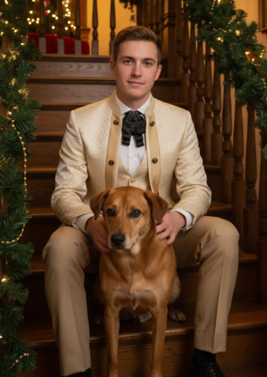 Men's 3-Piece Traditional Collar Champagne Paisley Fitted Party Tuxedo