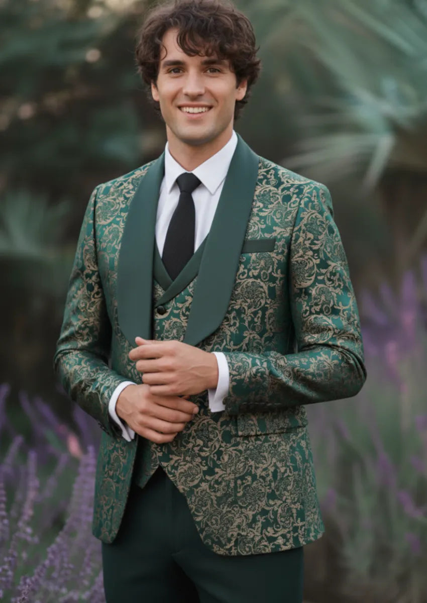 Men's 3-Piece Vintage Style Gold Damask Jacquard Green Tuxedo