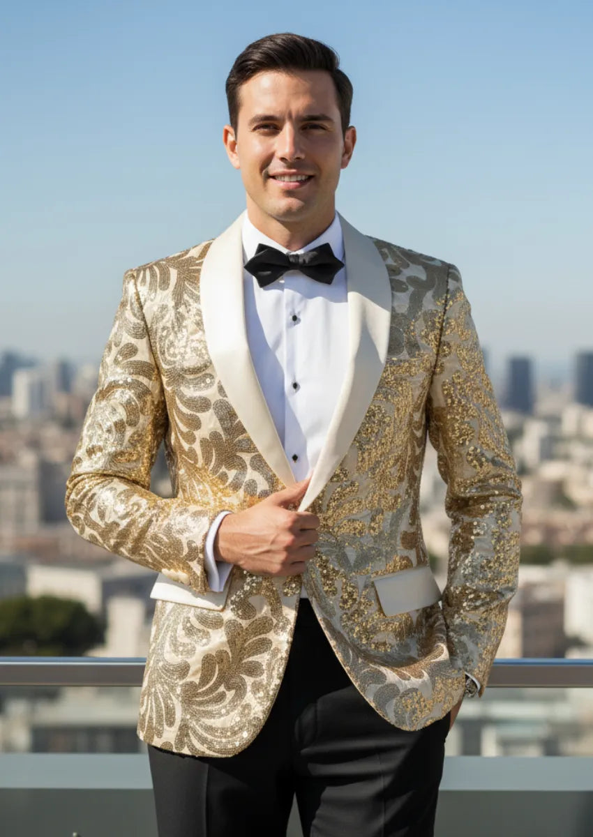 Men's Exquisite Shawl Lapel Floral Sequin Champagne Tuxedo