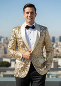 Men's Exquisite Shawl Lapel Floral Sequin Champagne Tuxedo