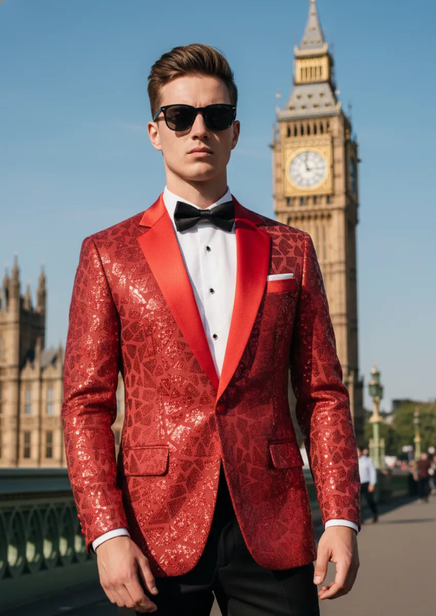 Men's Sequin Geometric Mosaic Red Blazer