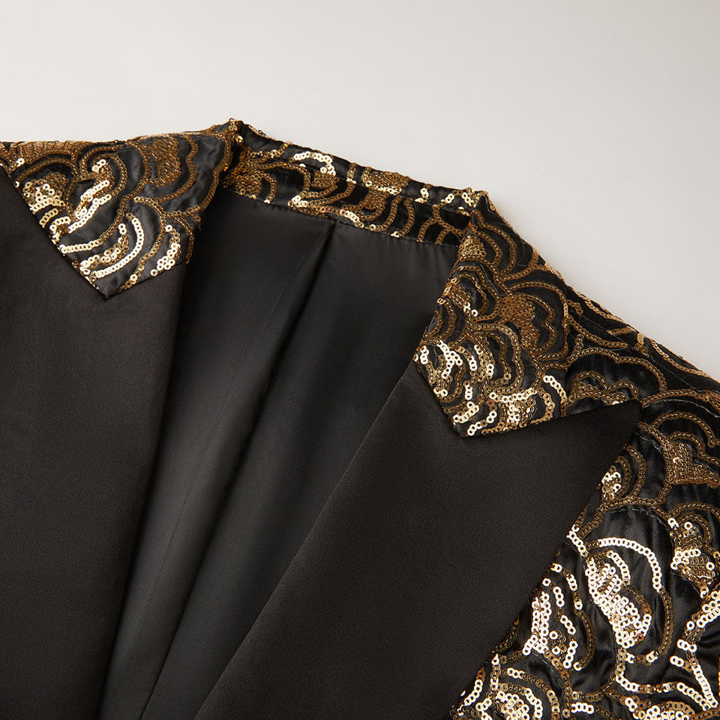 Men's Gold Floral Embroidered Sequin Black Tuxedo