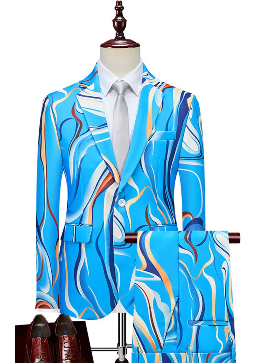 Men’s 2-Piece Baby Blue Abstract Print Suit Set