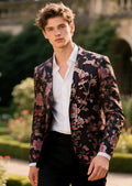 Men's 2-Piece Notched Lapel Black Suit with Pink Flowers and Birds Embroidery
