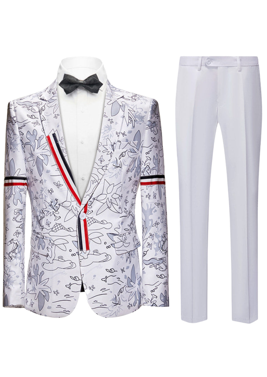 Men's 2-Piece British Style Graffiti Print White Jacket