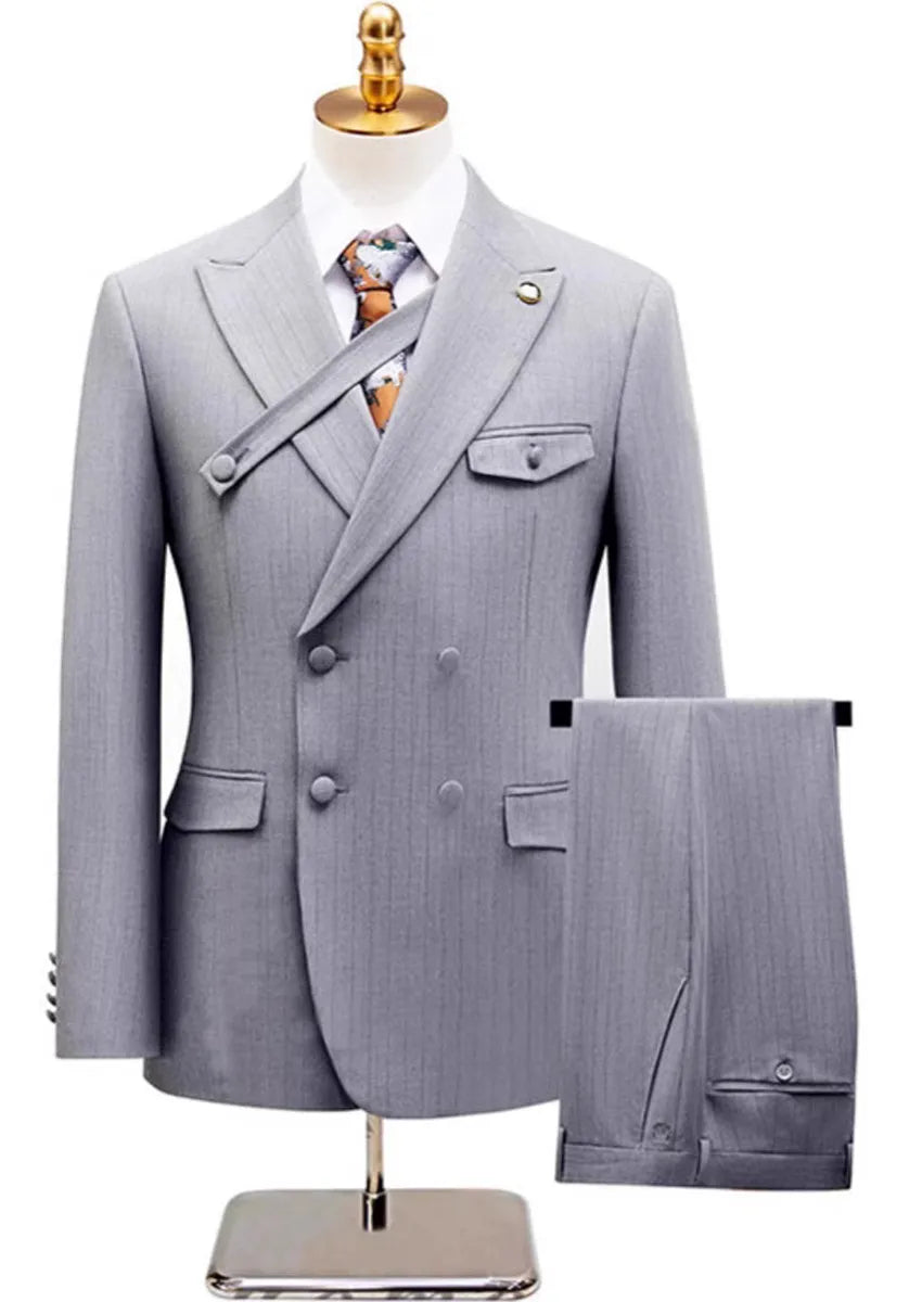 Men's 2-Piece Collar with Decorative Stripe Gray Casual Suit