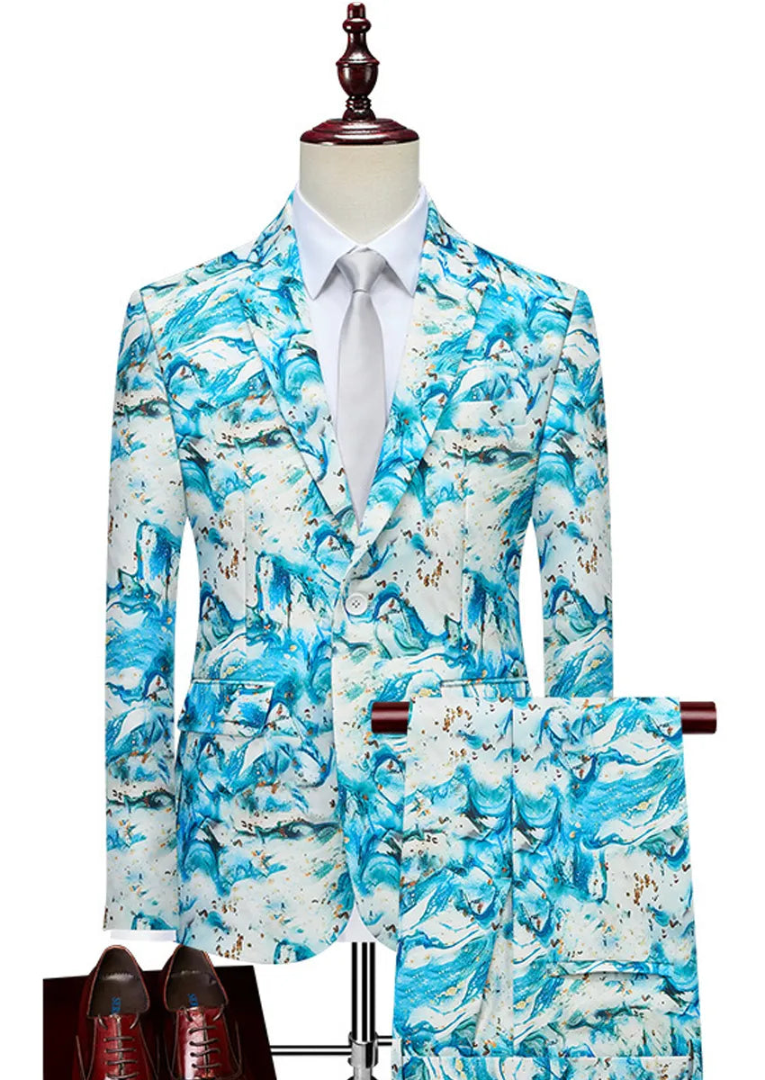 Men’s 2-Piece Light Blue Graffiti Print Suit for Party