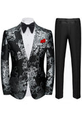Men's 2-Piece Fashion Silver Peony Jacquard Black Tuxedo