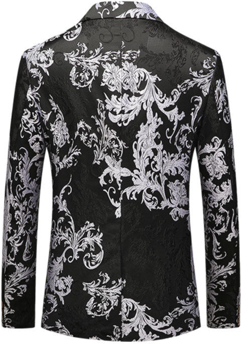 Men's 2-Piece Fashion Silver Peony Jacquard Black Tuxedo