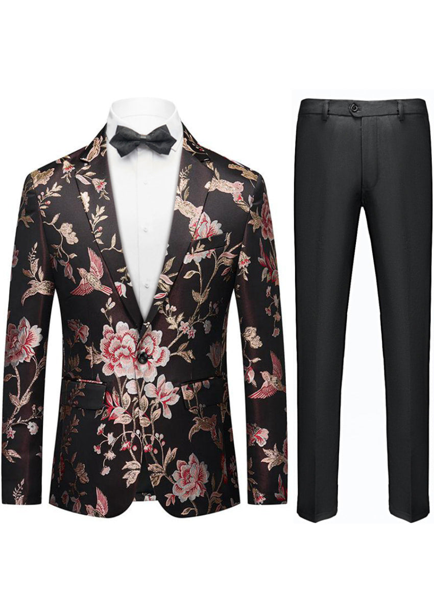 Men's 2-Piece Flowers and Birds Embroidery Black Suit