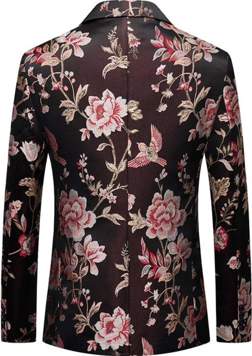Men's 2-Piece Flowers and Birds Embroidery Black Suit