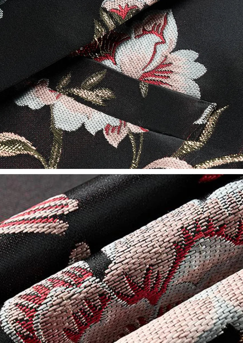 Men's 2-Piece Flowers and Birds Embroidery Black Suit