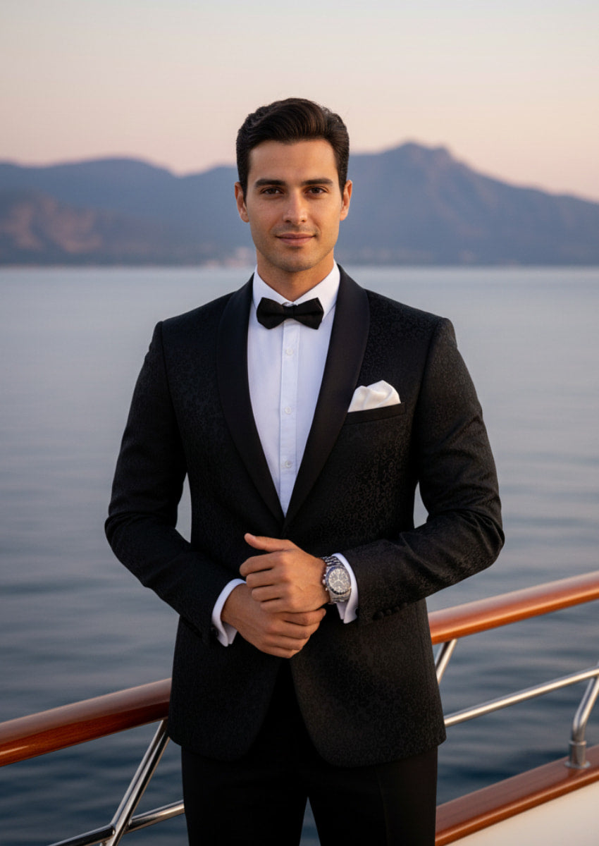 Men's 2-Piece Jacquard Embroidery Paisley Black Tuxedo