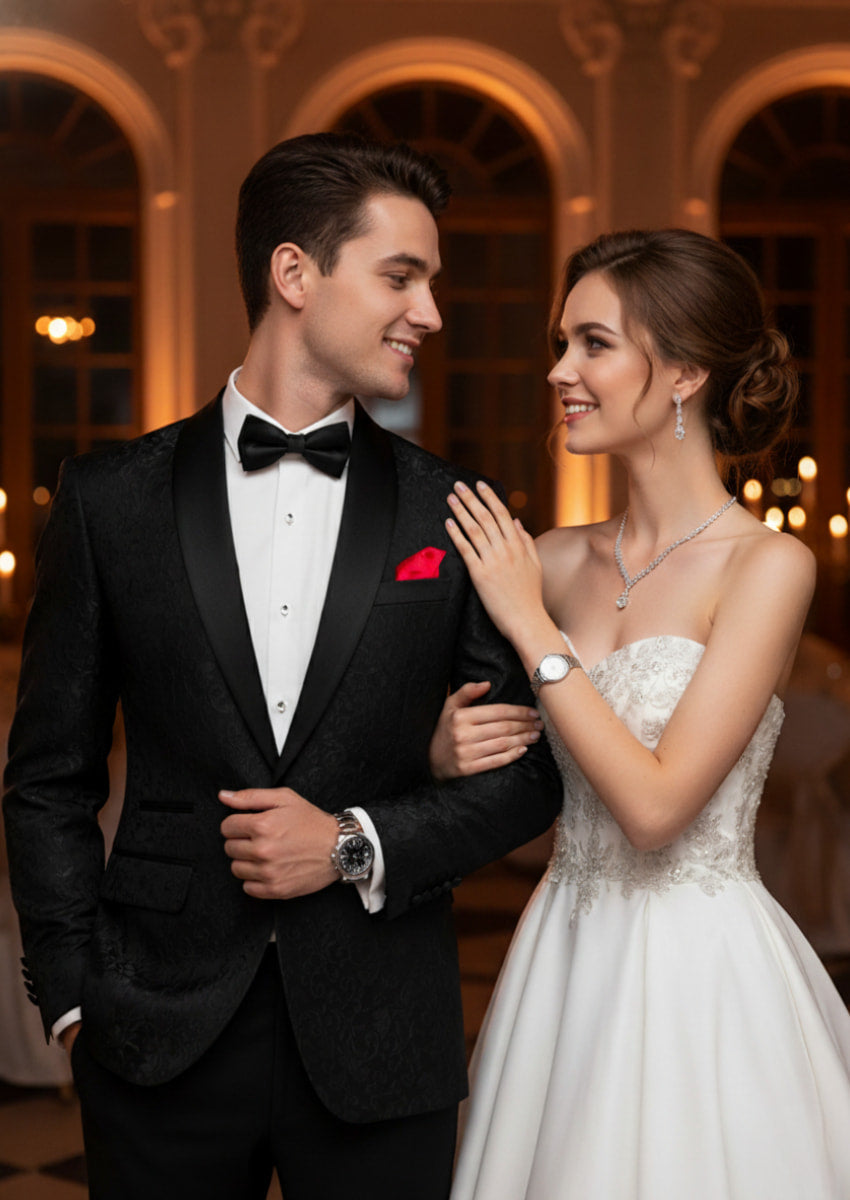 Men's 2-Piece Jacquard Embroidery Paisley Black Tuxedo