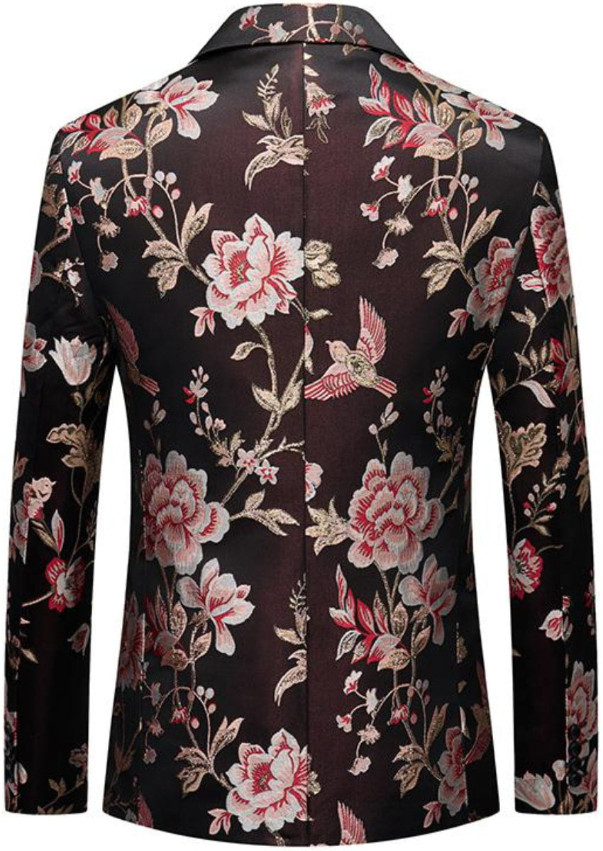 Men's 2-Piece Notched Lapel Black Suit with Pink Flowers and Birds Embroidery