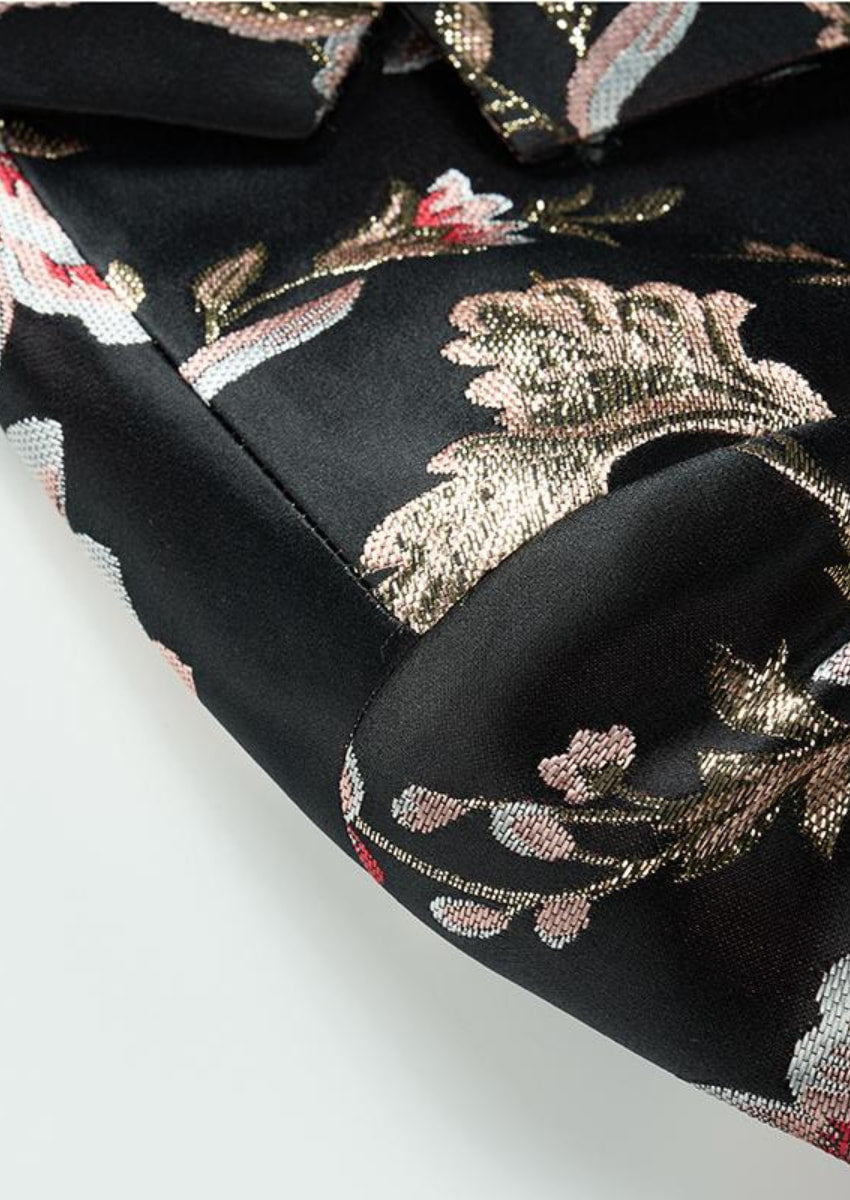 Men's 2-Piece Notched Lapel Black Suit with Pink Flowers and Birds Embroidery