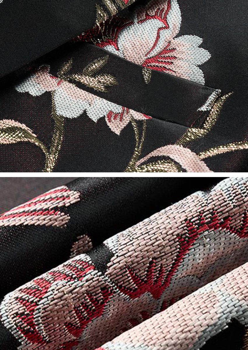 Men's 2-Piece Notched Lapel Black Suit with Pink Flowers and Birds Embroidery