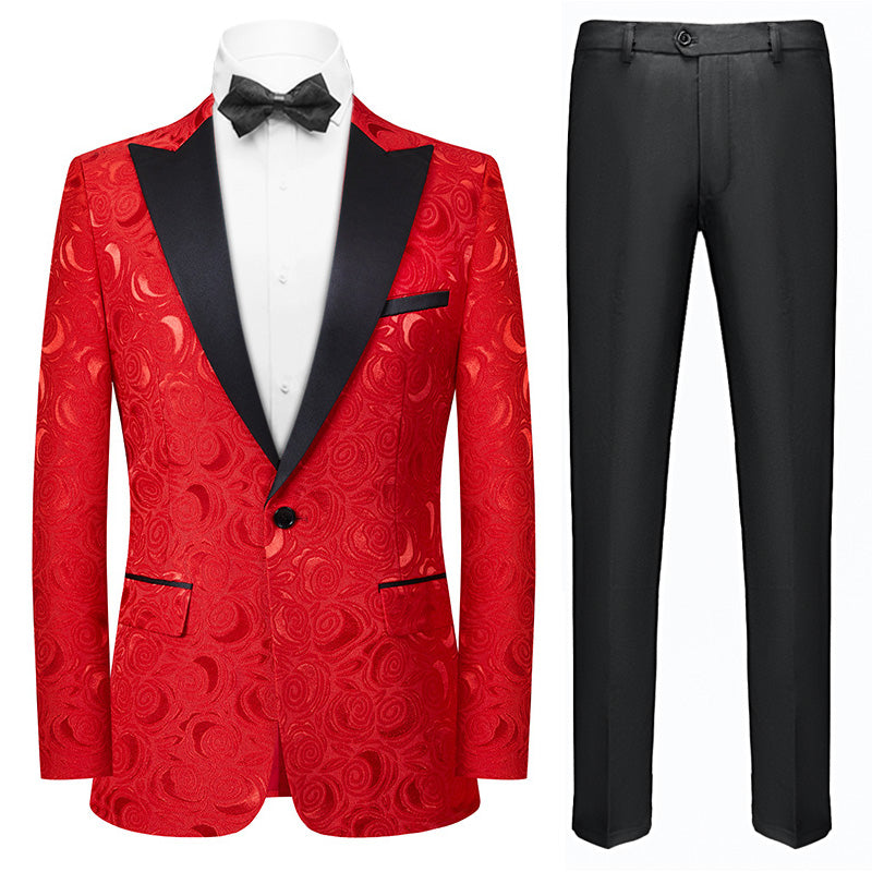 Men's 2-Piece Rose Jacquard Red Wedding Tuxedo for Groom