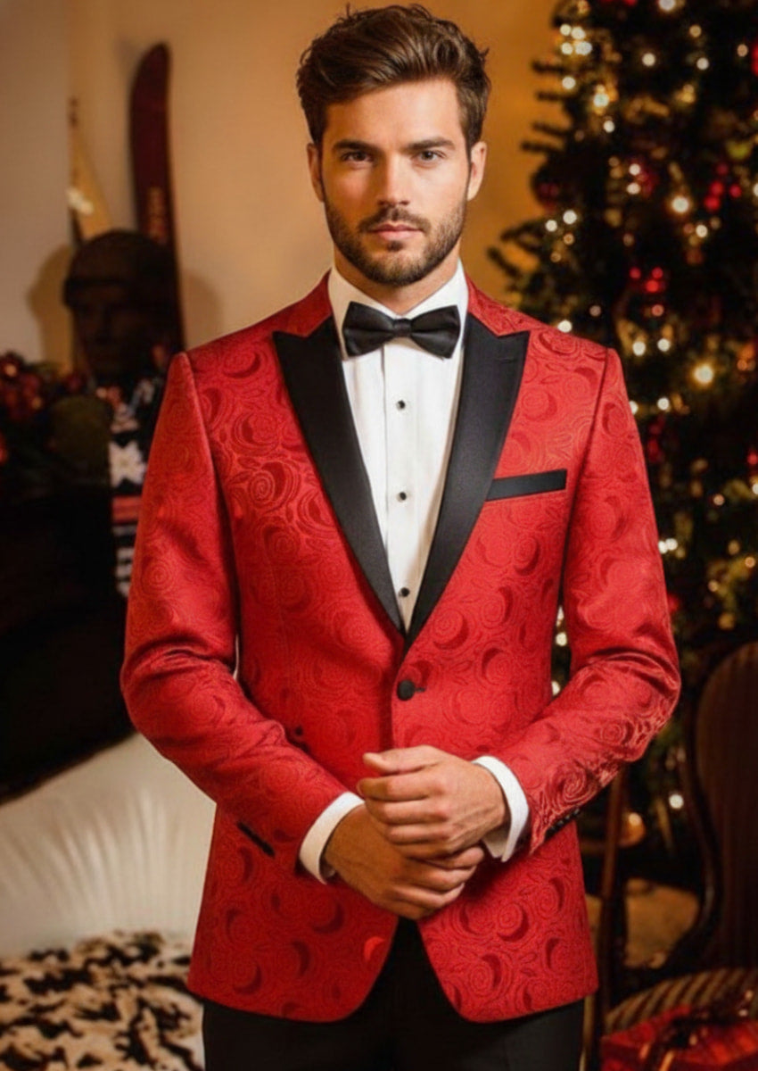 Men's 2-Piece Rose Jacquard Red Wedding Tuxedo for Groom