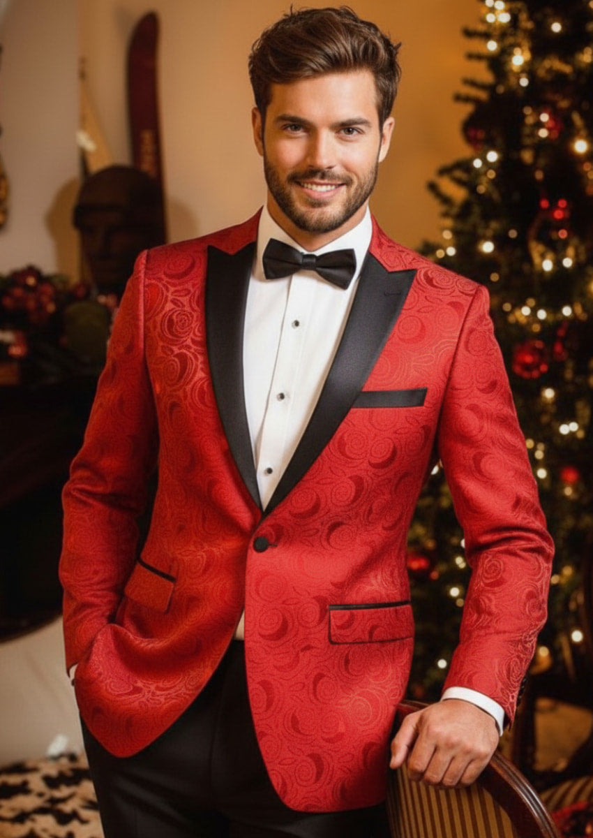 Men's 2-Piece Rose Jacquard Red Wedding Tuxedo for Groom