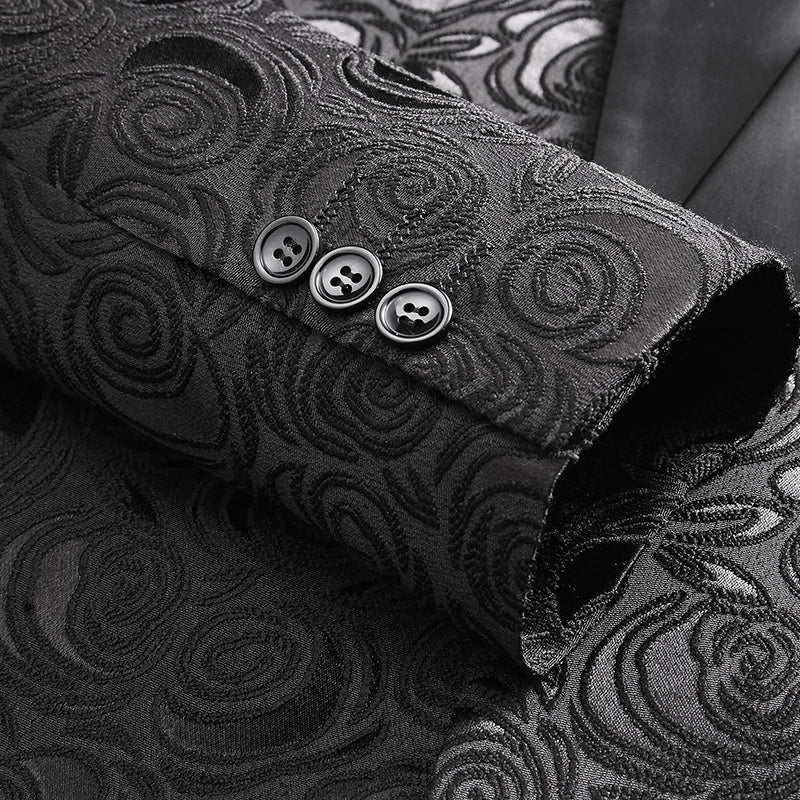 Men's 3-Piece Black Rose Embroidery Shawl Lapel Wedding Tuxedo