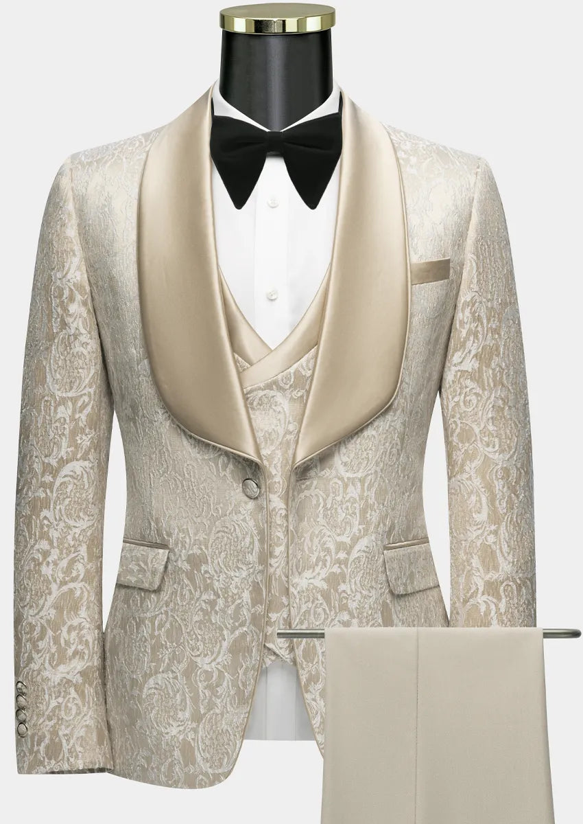 Men's 3-Piece Damask Jacquard Wedding Tan Suit