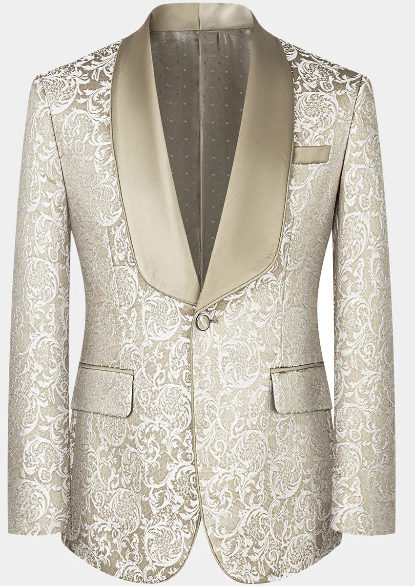 Men's 3-Piece Damask Jacquard Wedding Tan Tuxedo