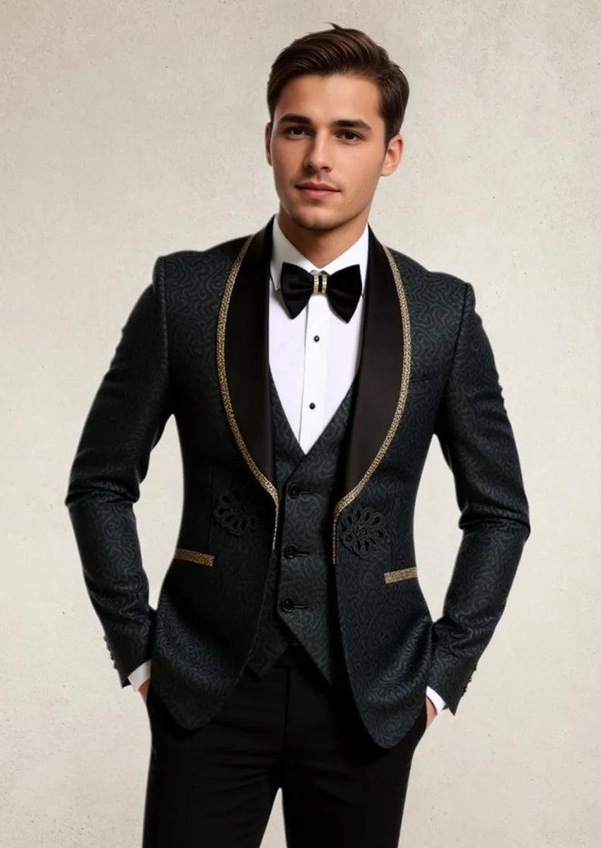Men's 3-Piece Floral Jacquard Black Tuxedo With Shawl Lapel